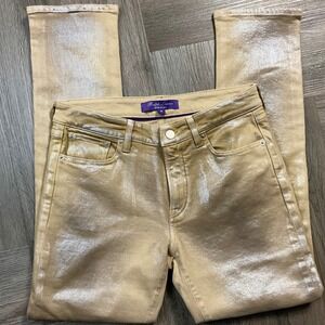 NWOT Ralph Lauren 160 Slim Denim Skinny Leg Jeans Womens 28 Metallic Gold Italy